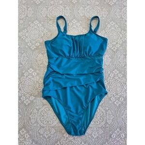 VIMPUNEC One Piece Swimsuit Teal Blue Ruched Tummy Control Mesh Size Large